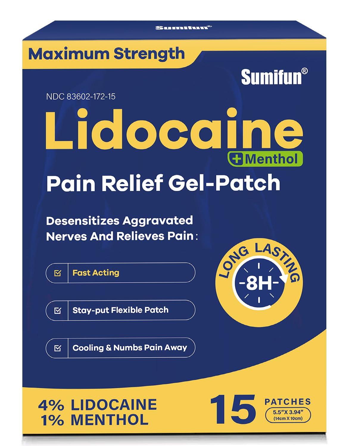 Sumifun 4% Lidocaine Patches Plus 1% Menthol 15 Counts(Pack of 1)