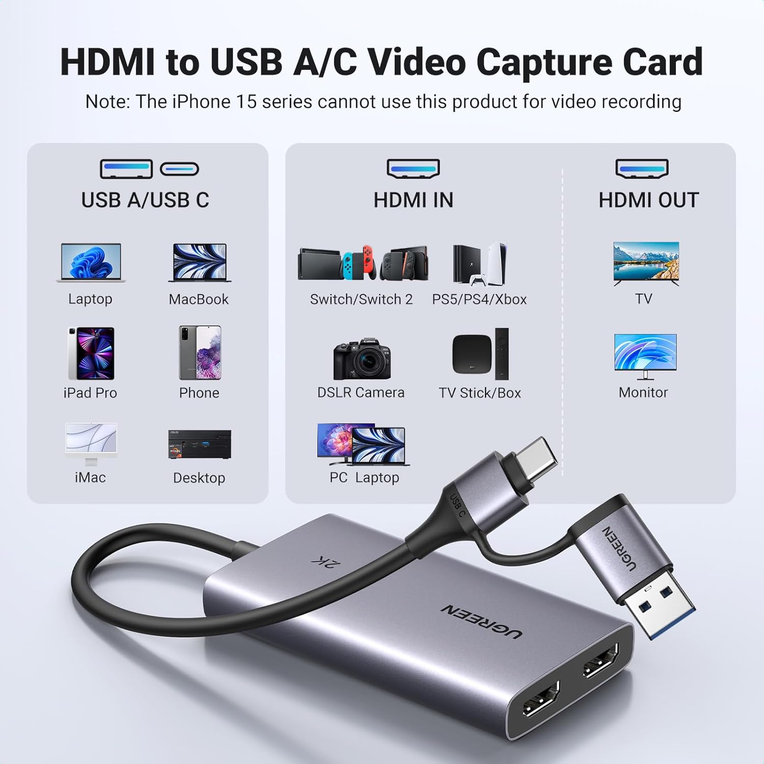 UGREEN 4K HDMI capture card with USB 3.0, supports Full HD 2K 30FPS and 1080P 60FPS for video recording and streaming.