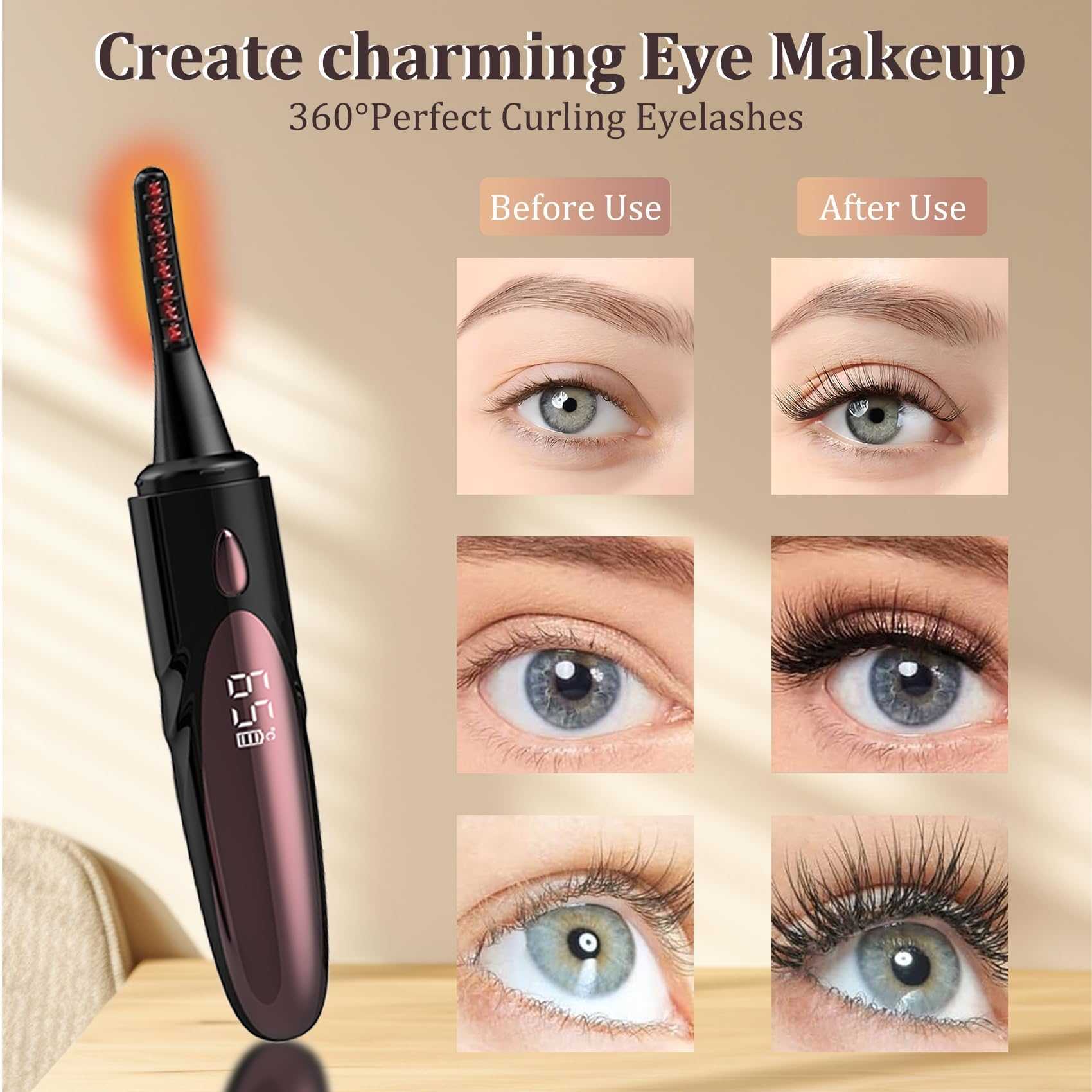 Gacavks electric heated eyelash curler in black with LED display, USB rechargeable, 4 heat modes, and fast 10s heat-up for perfect lashes.