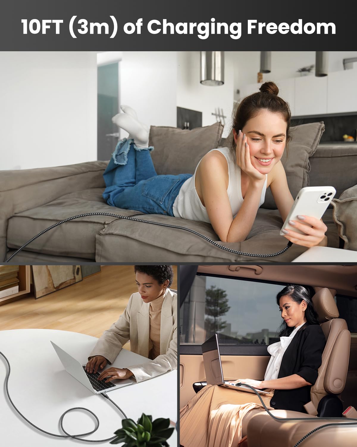 SwaggWood 60W USB-C to USB-C Cable 10ft 3-Pack