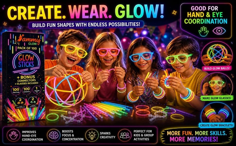 Glow Sticks (205 Pcs Kit) Bulk Party Pack-100 Pack Glow Sticks - Product Imagery