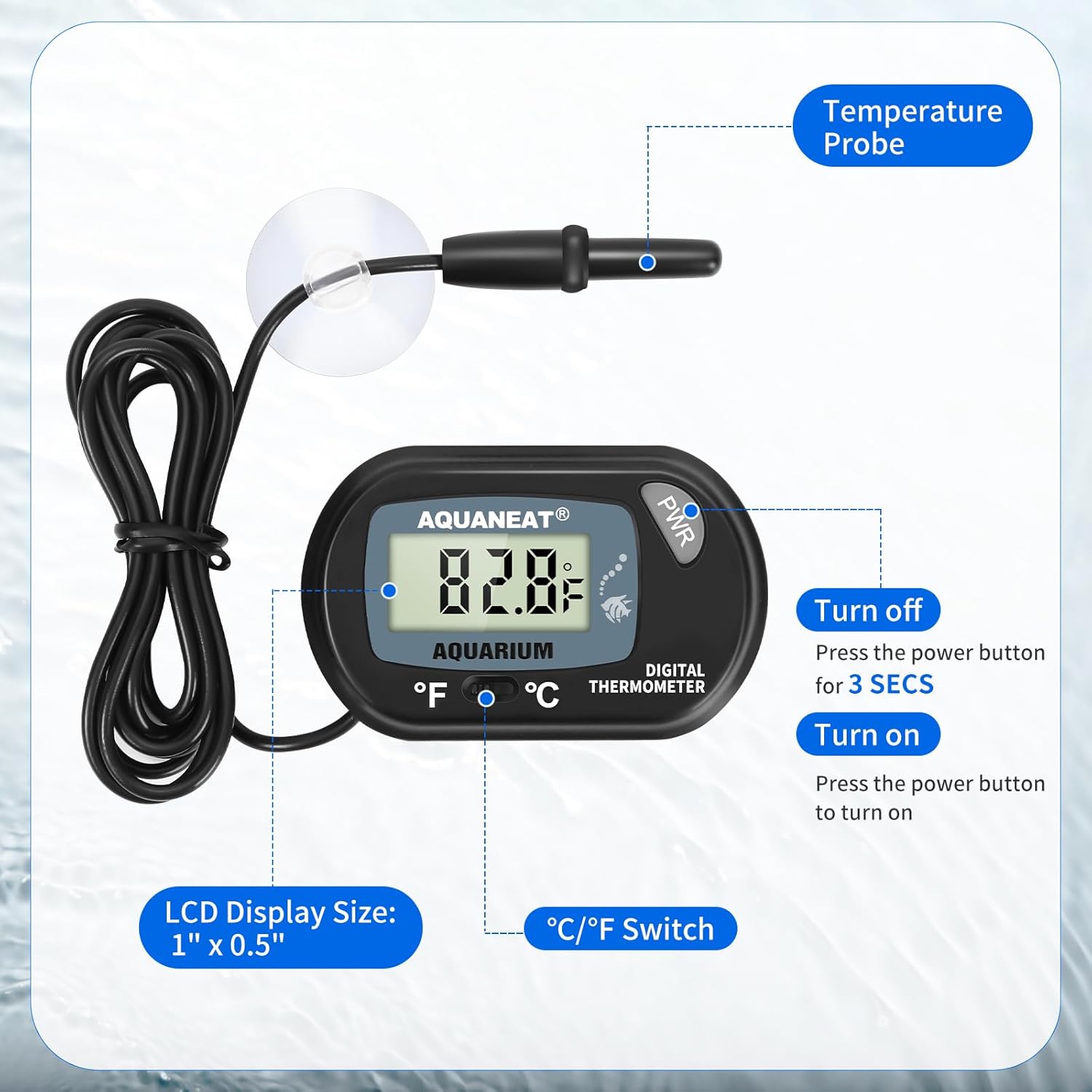 AQUANEAT 2-pack aquarium thermometers showing temperature readings on clear plastic strips for fish tanks.
