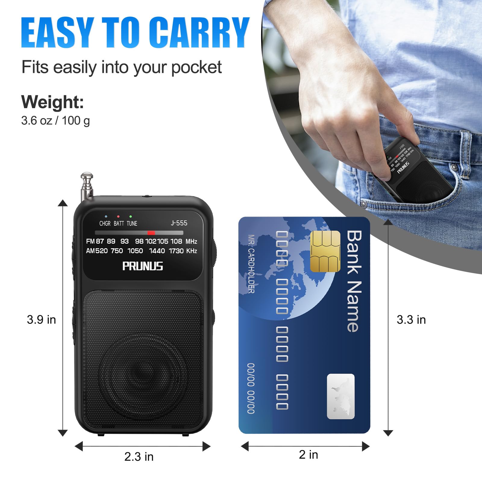 PRUNUS J-555 Pocket AM/FM Radio, USB-C & Battery, Clip