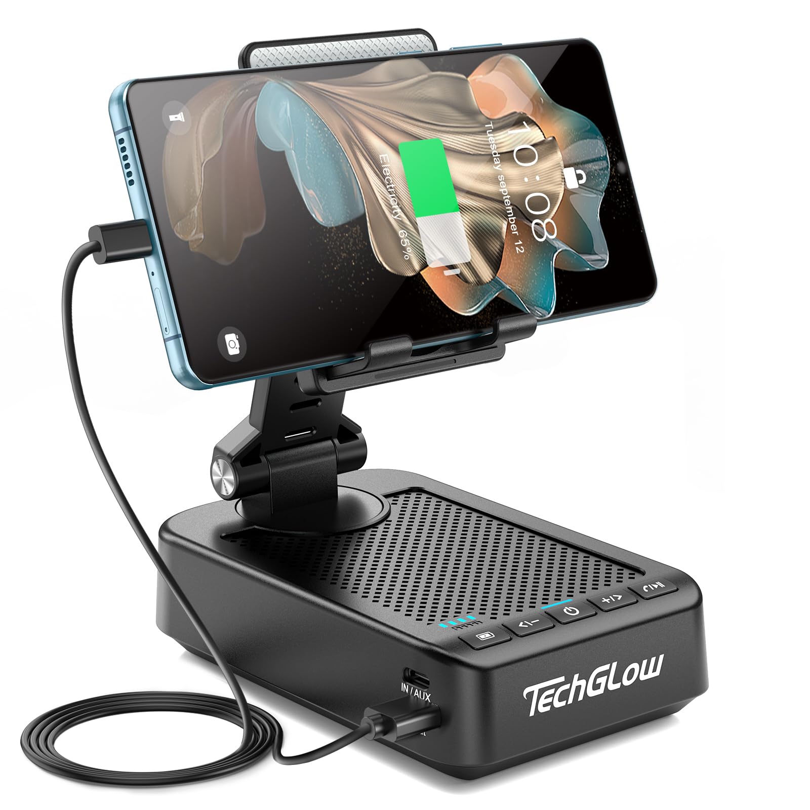 TechGlow Foldable Cellphone Stand with Bluetooth Speaker Charging Func - View 1