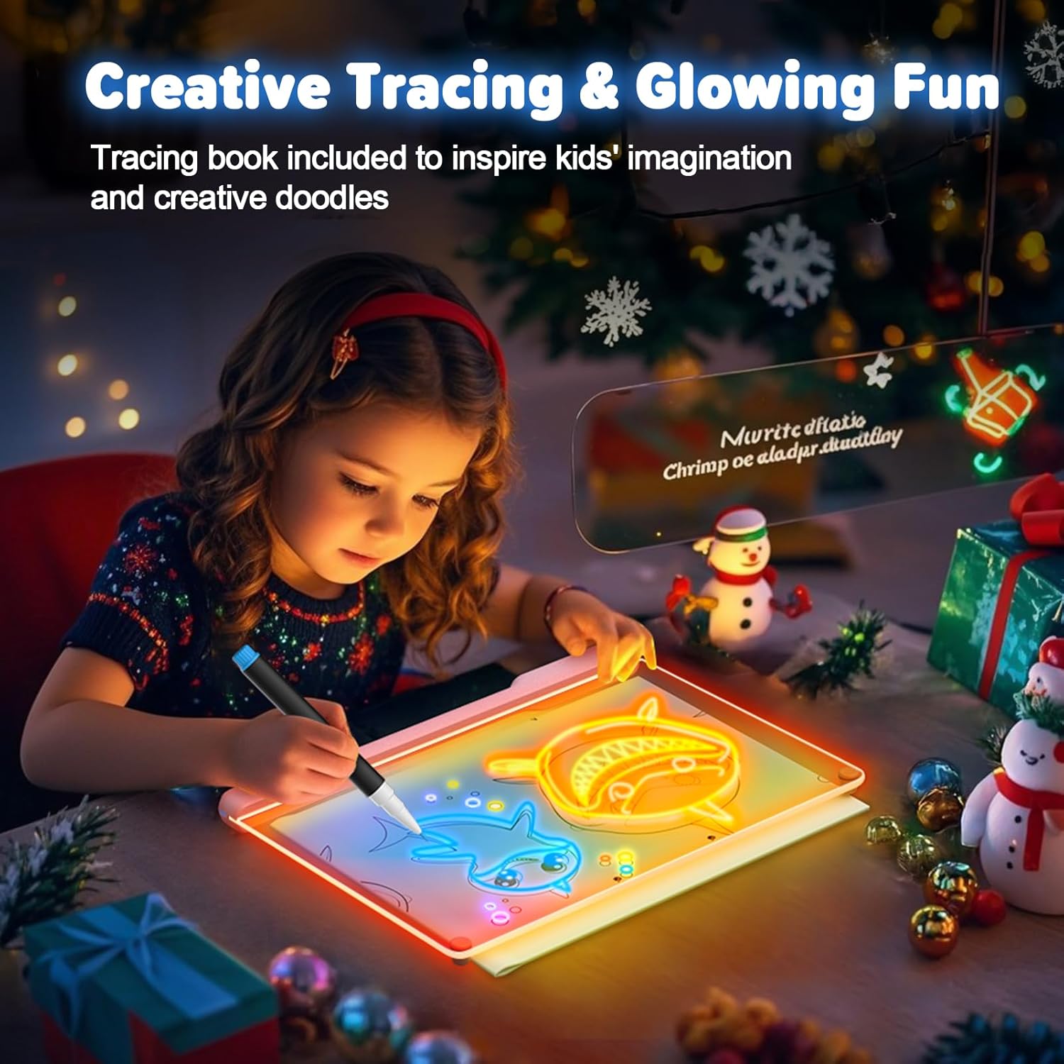 Geokay 16-inch rechargeable doodle glow LED note board with 9-color light modes and colorful doodles displayed on the screen.