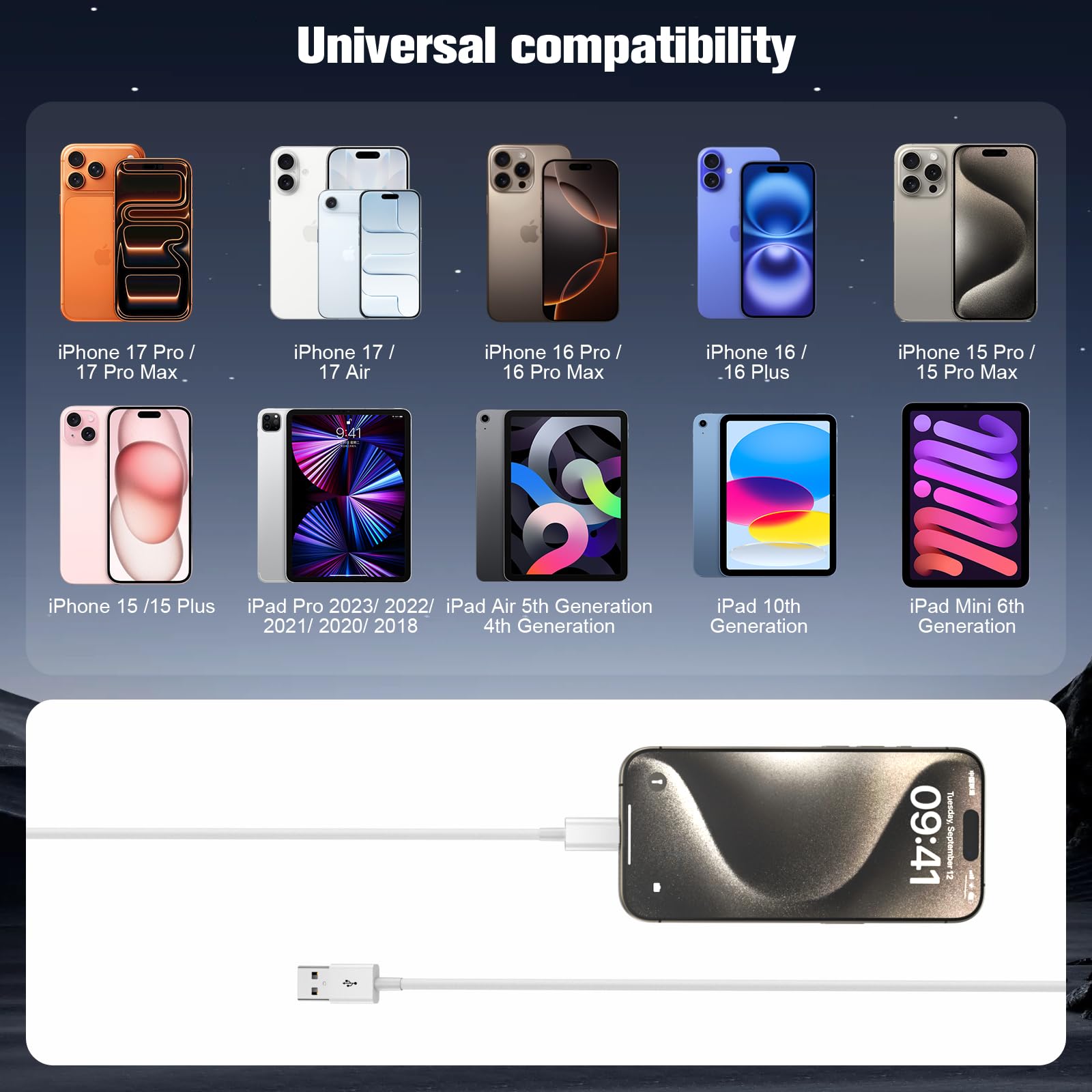 Snisre USB C to USB A carplay cable for iPhone 15/16/17 and iPad, white, 3ft, charging and data transfer in car.