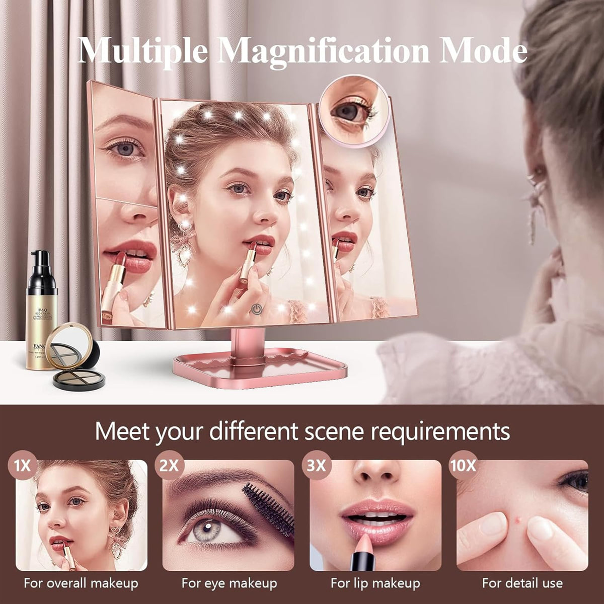 2X 3X 10X Magnifying Vanity Mirror with Light Trifold Makeup - HUONUL Official Imagery - 3