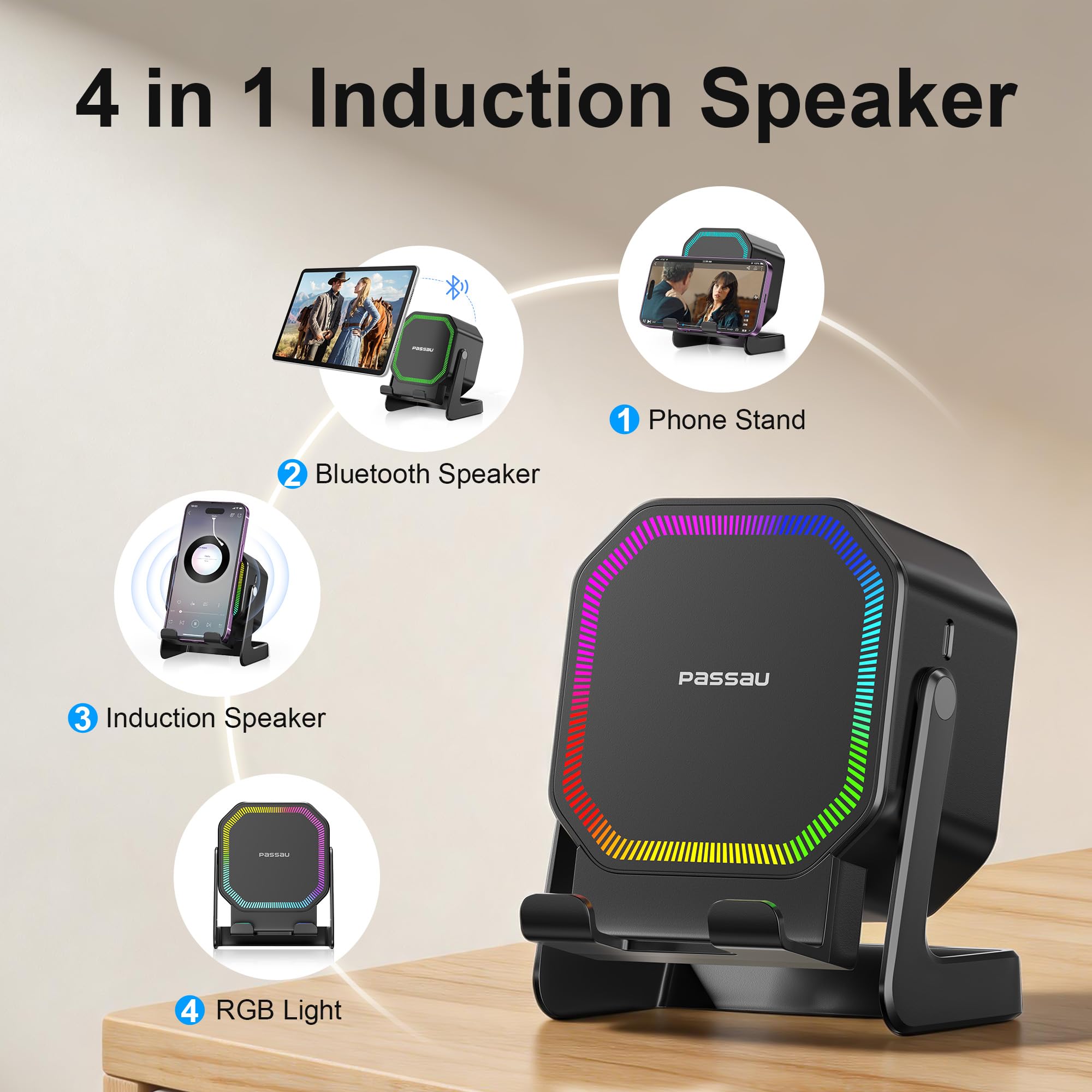 Passau Wireless Induction Bluetooth Speaker with Phone Stand RGB - Passau Official Product View 2