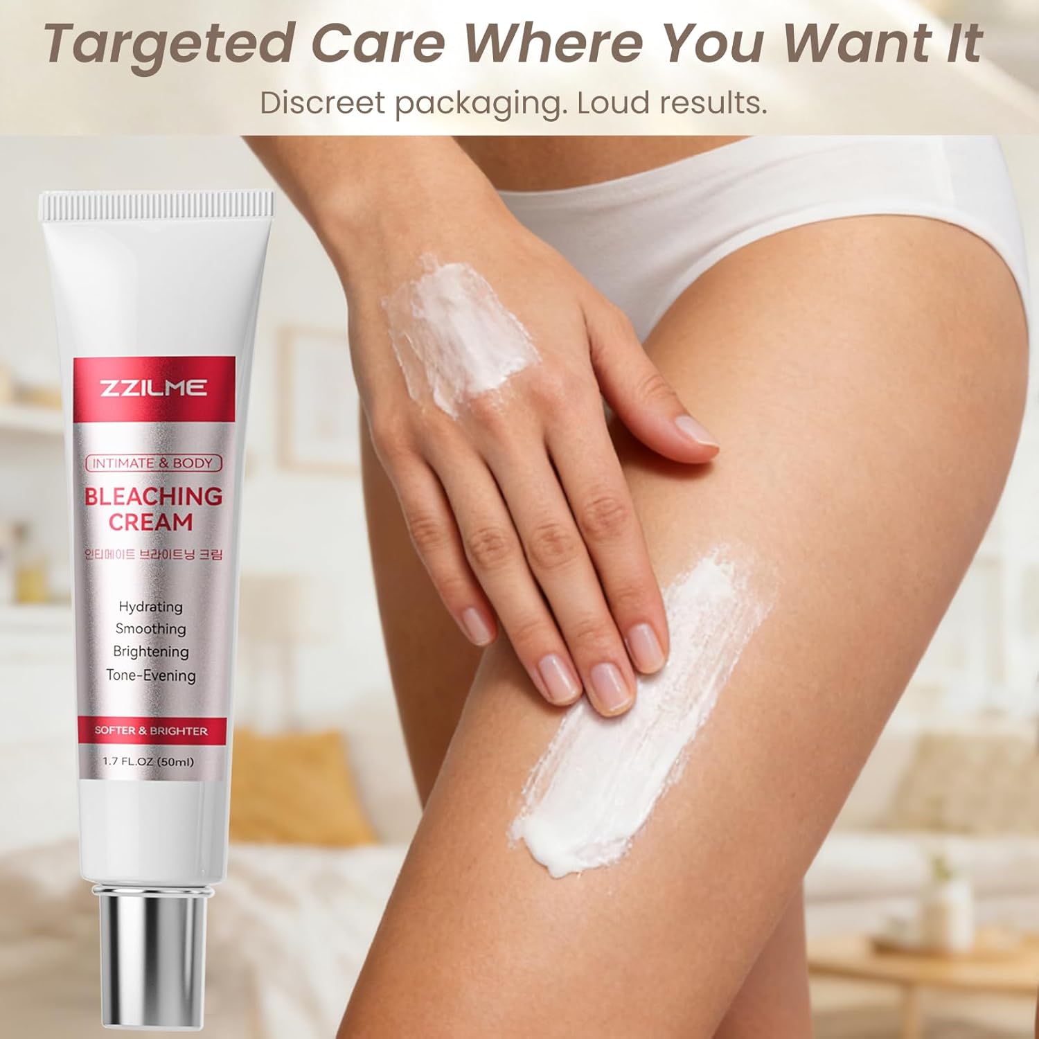 ZZILME intimate brightening body cream for women, hydrating underarms and bikini area, with a smooth, creamy texture.
