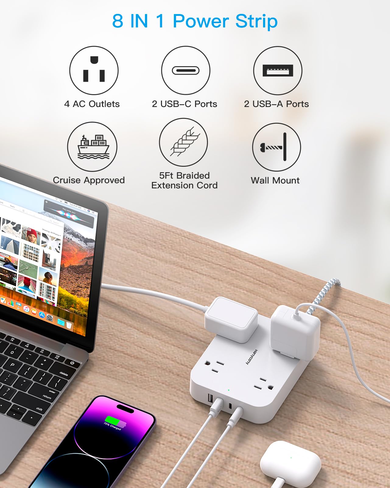 HANYCONY Flat Plug Extension Cord, 4 Widely Power Strip with 4 US - HANYCONY Official Product View 6