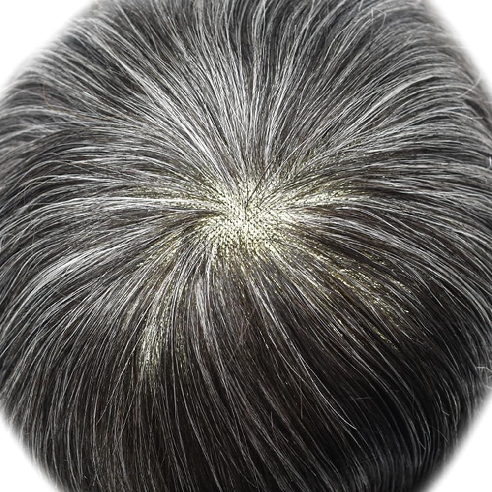 Curve Hair Mens Toupee Human Hair Piece Replacement System Monofilament Wig Hair Unit for Men Durable Poly Coated Mens Hairpiece (#1B30 Off Black+30% Gray, 8"X10")