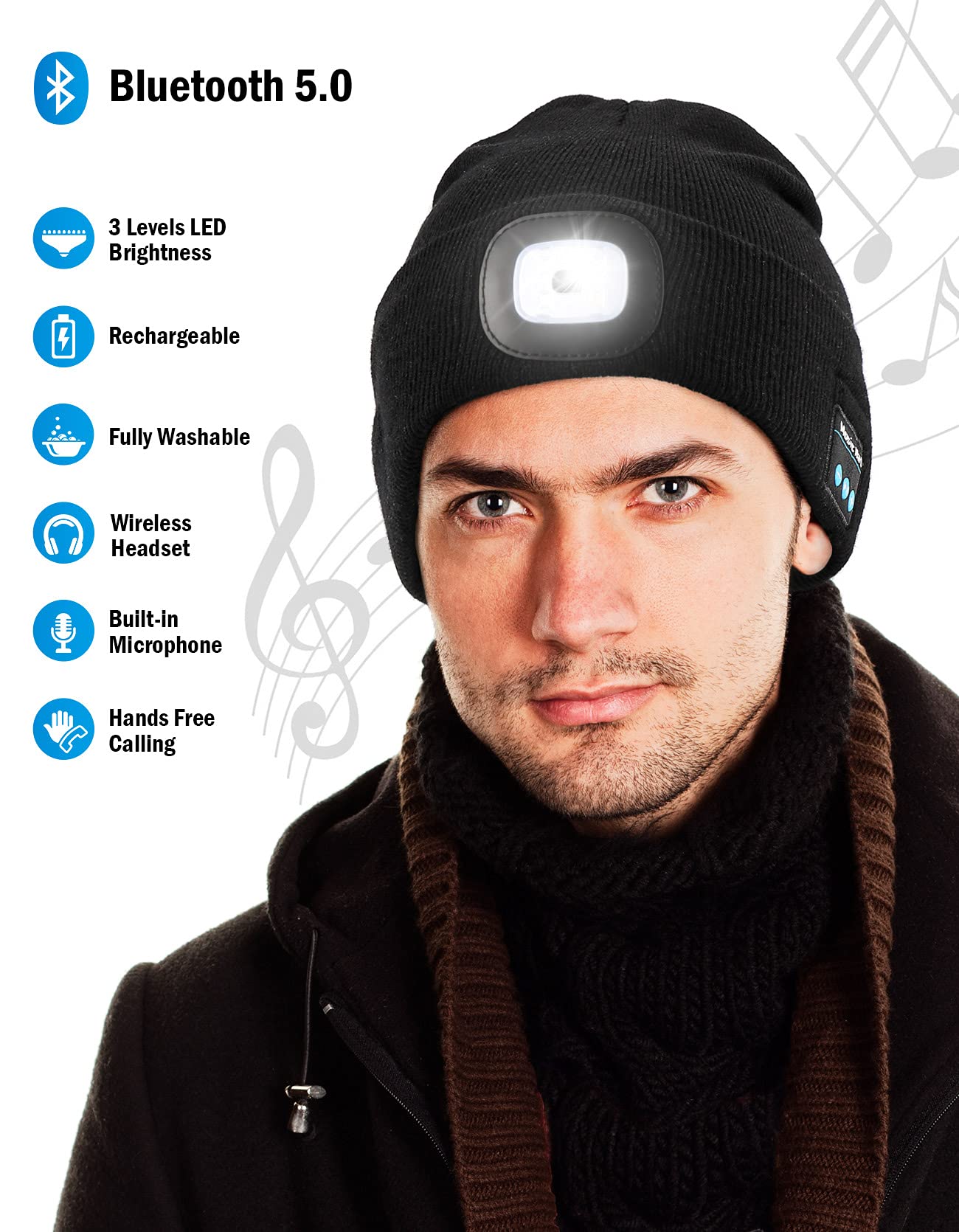Wmcaps Bluetooth Beanie with LED Light, Winter Hat Gifts for Men - Wmcaps Official Product View 4