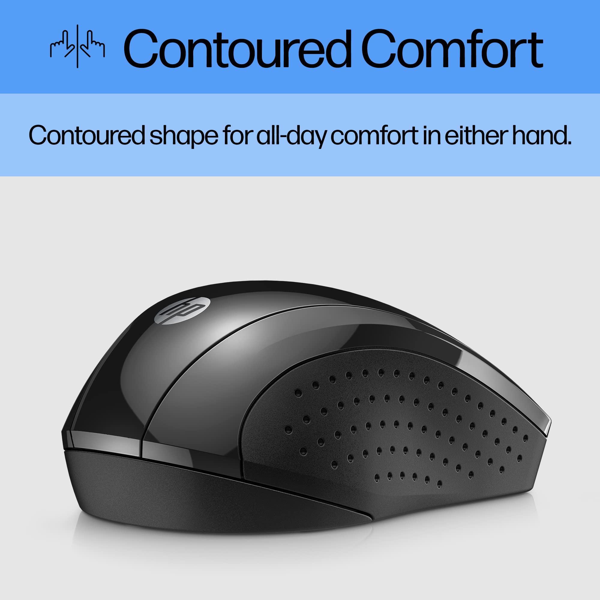 HP X3000 G3 wireless mouse in black with side grips, blue LED, 1600 DPI sensor, travel-friendly, compatible with PC, Mac, Chromebook.