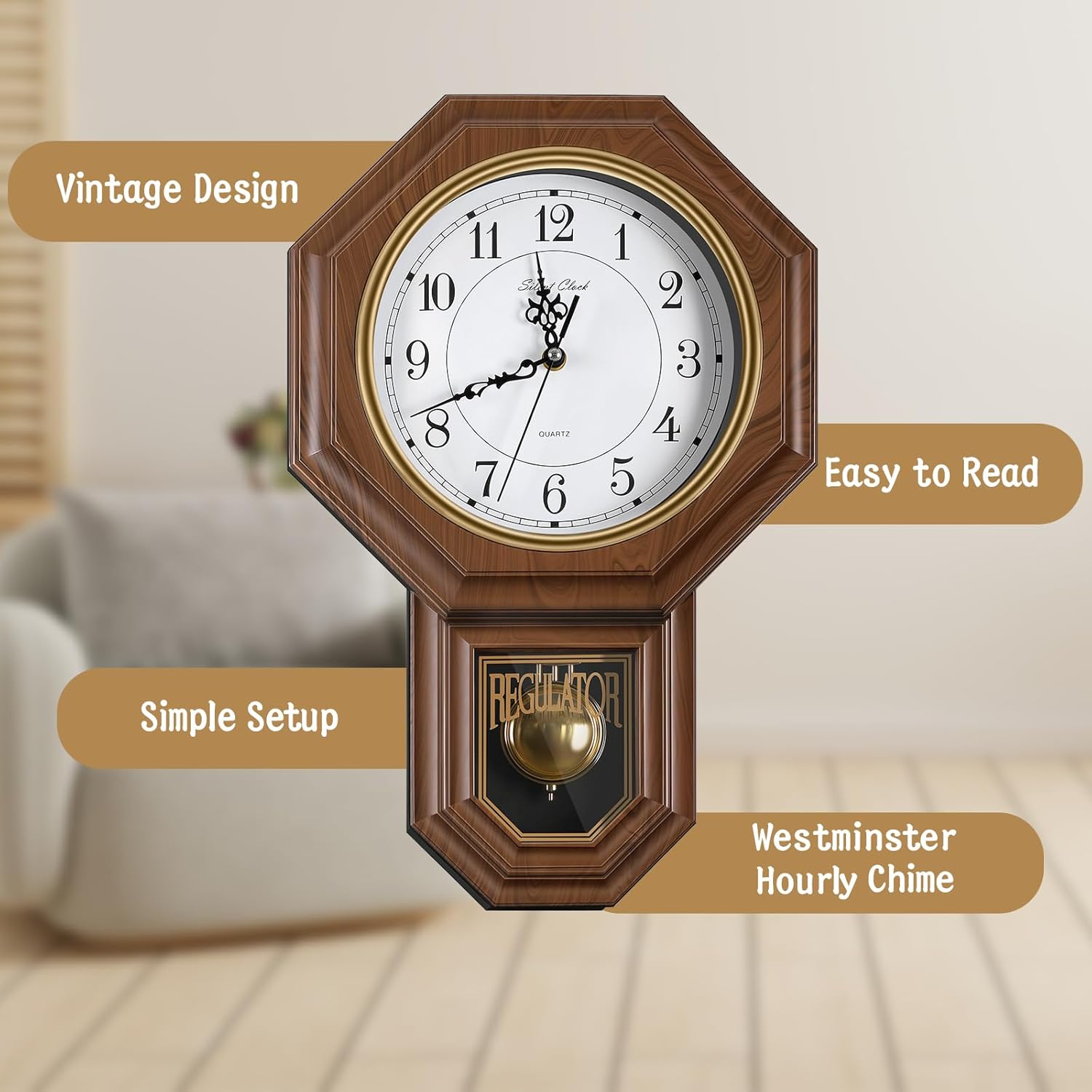 KANEODOT battery-operated pendulum wall clock with imitation wood finish and plastic regulator design, hanging on a wall.