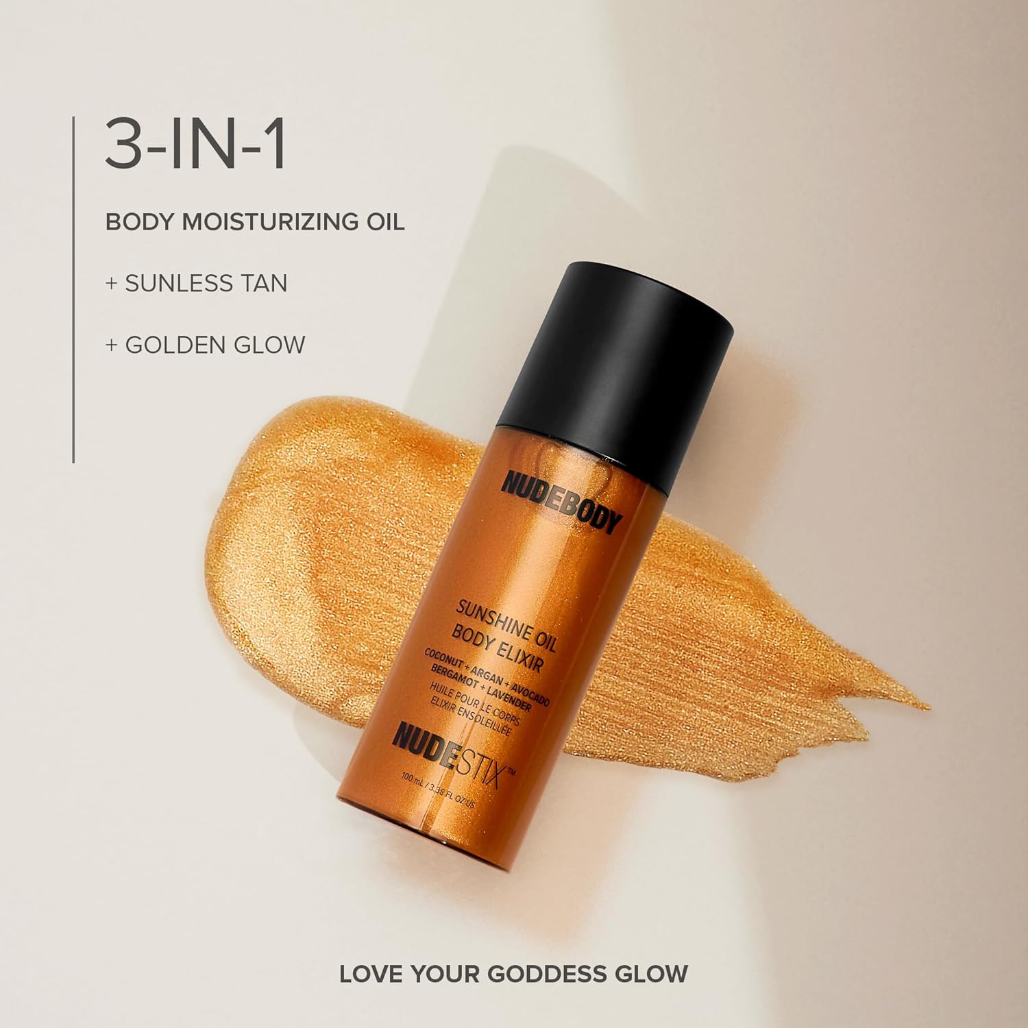 Nudestix Sunshine Oil Body Elixir by Elefair with hydrating formula, gradual tan, and golden shimmer for glowing skin.