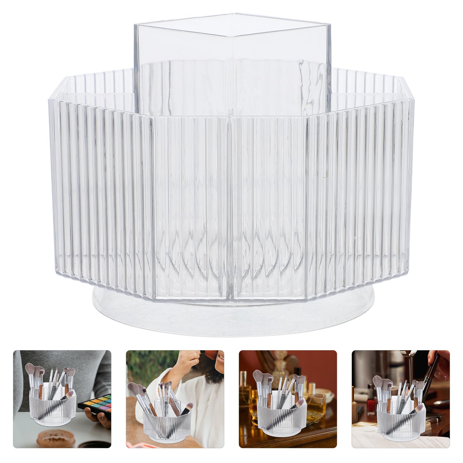 VILLCASE rotating makeup brush caddy with lid, 360-degree swivel holder for cosmetic tools and eyebrow pencils on a desktop.
