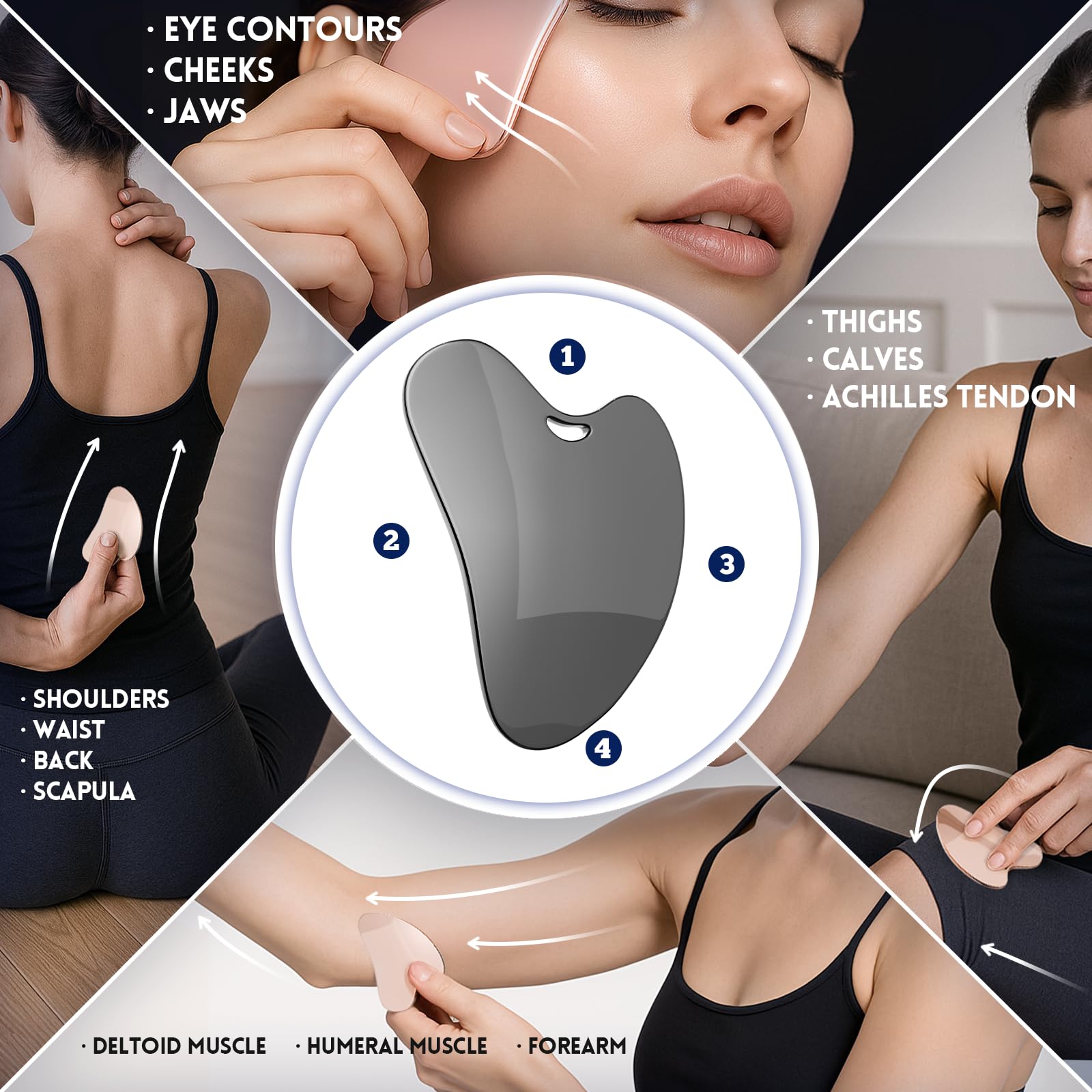 Yeamon stainless steel gua sha and face roller set, facial massage tools with smooth, polished surfaces for skincare and relaxation.