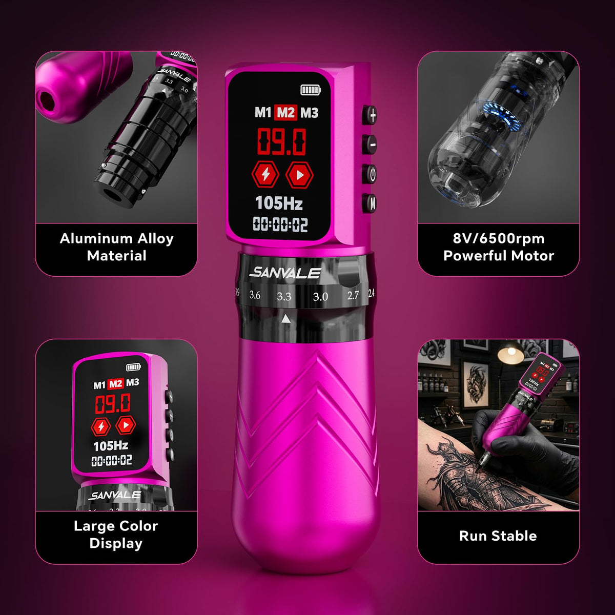 Wireless Tattoo Kit with 2pcs 2300mAh Batteries Adjustable - SANVALE Official Imagery - 6