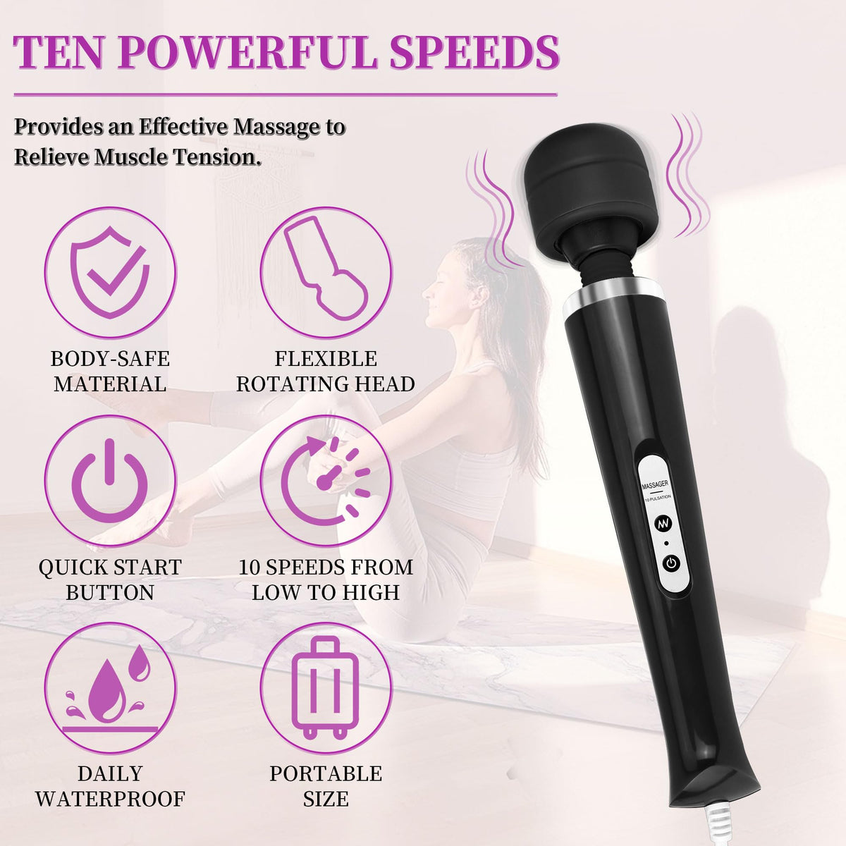 Wired Wand Massager for Women 10 Speed Electric Handheld - VZVJTR Official Imagery - 5