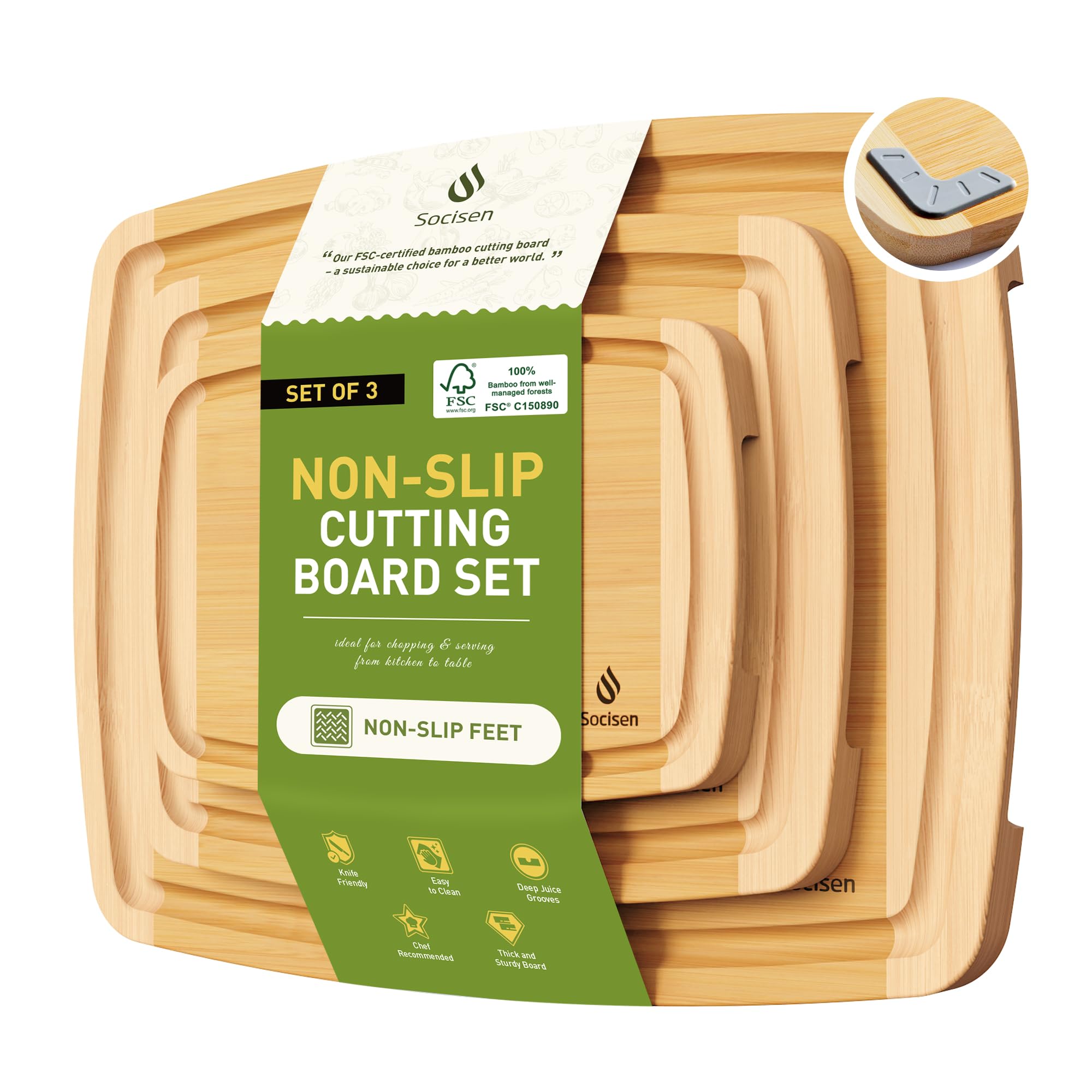 Bamboo Cutting Board Set Non Slip Feet Over Sink Tablas Para - Product Imagery
