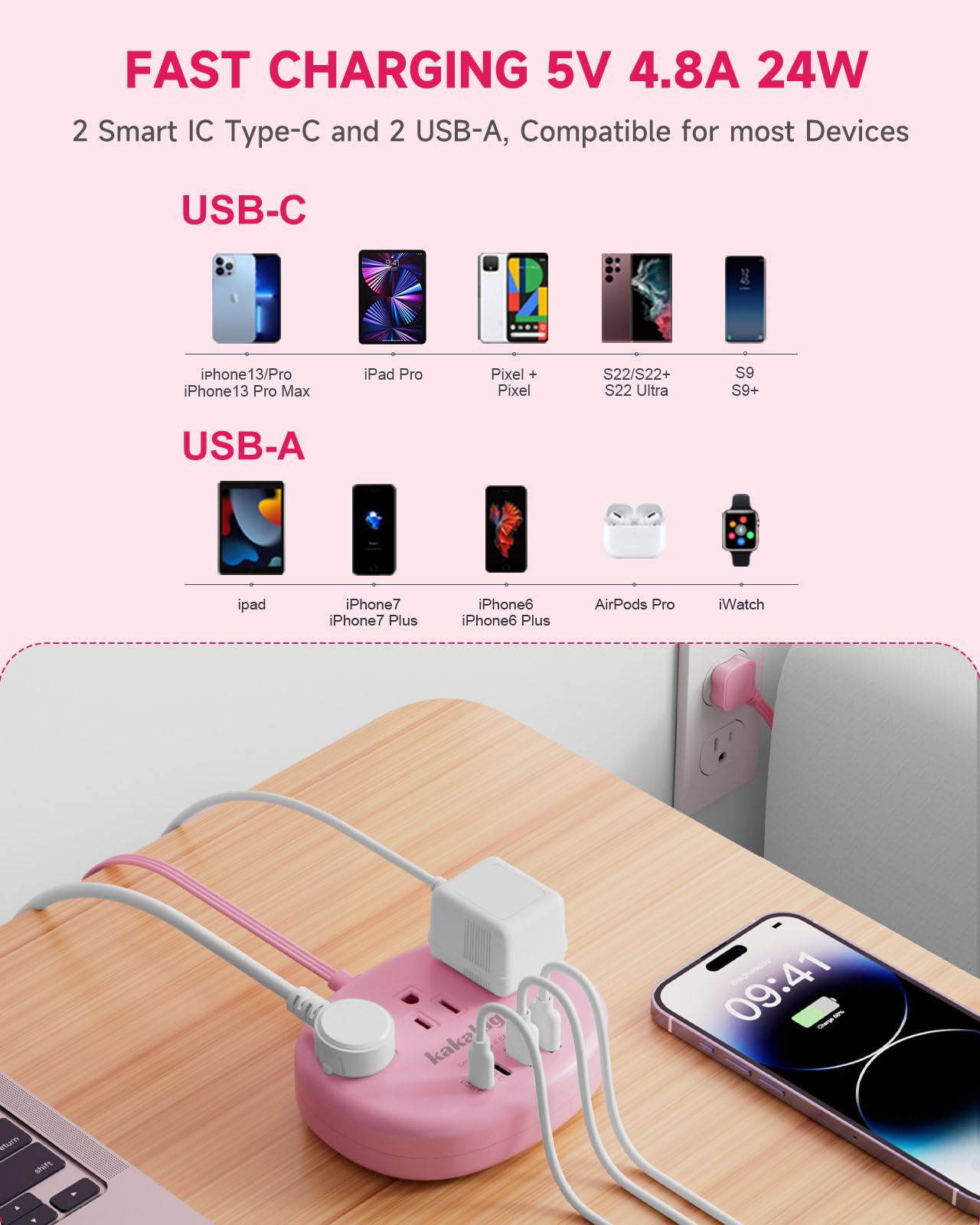 kakahigh Pink Extension Cord with USB C - 5 FT Kawaii Power Strip by kakahigh - Angle View 3