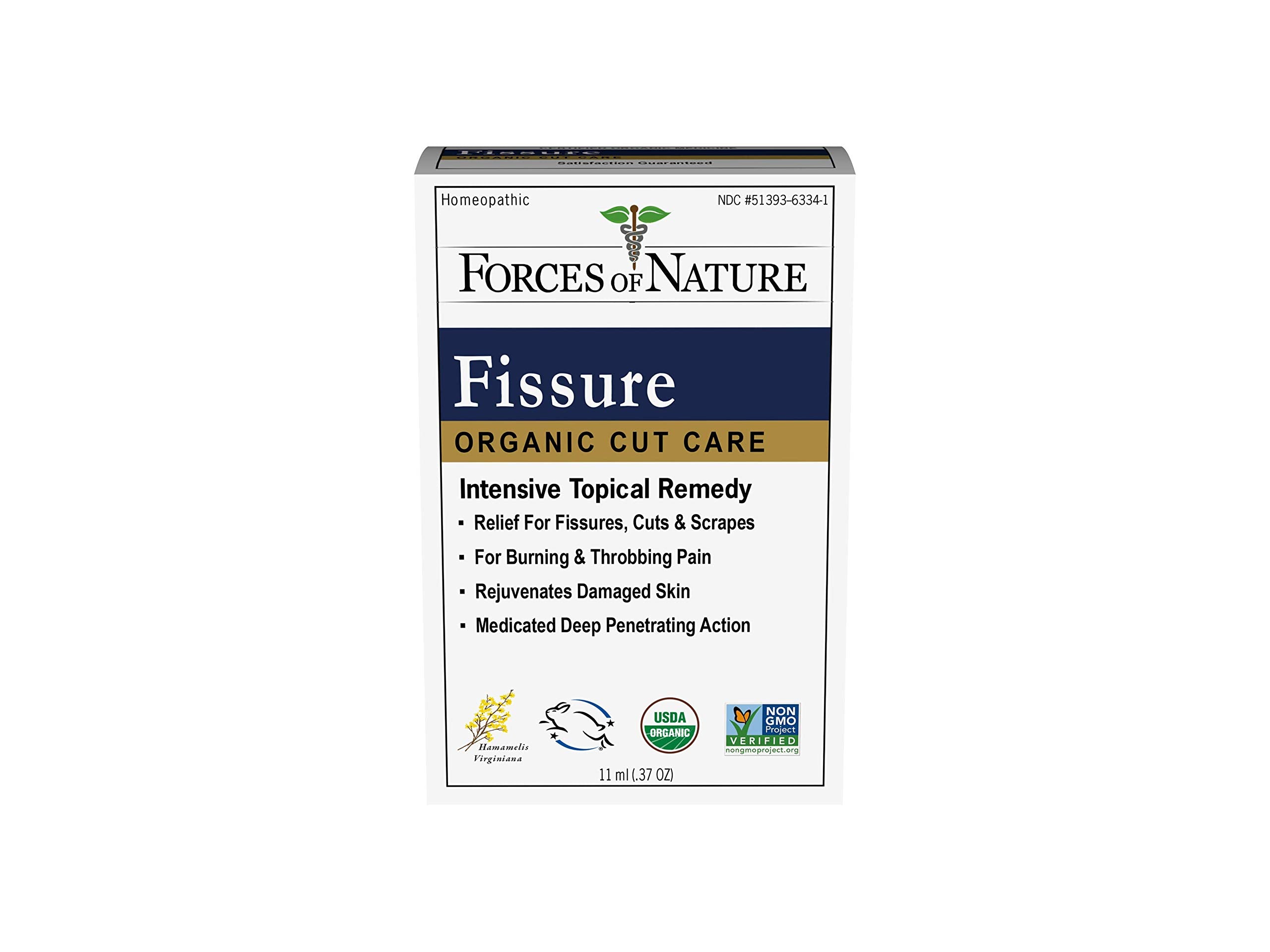 Forces of Nature Fissure Control organic homeopathic skin care agent for anal fissure relief in a 0.37 fl oz bottle.