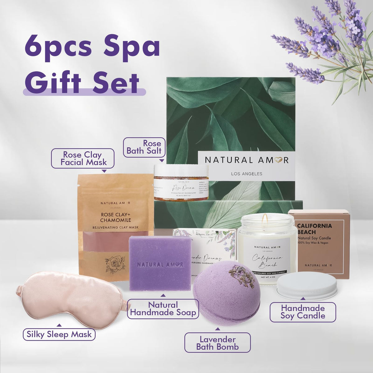 Natural Amor Spa Gift Set for Women 6 Piece Self Care Gift - NATURAL AMOR LOS ANGELES Official Imagery - 4