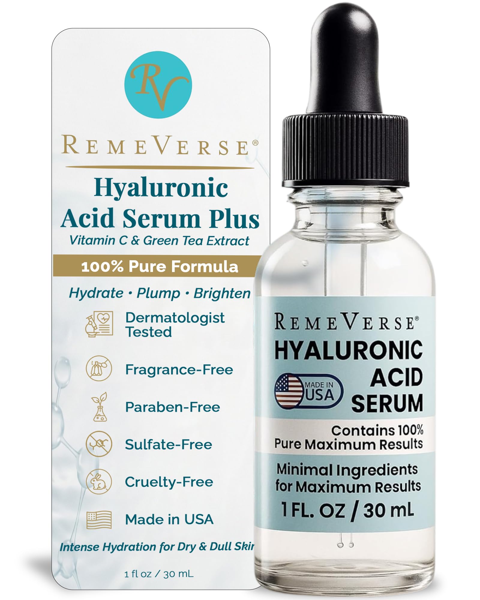 RemeVerse Hyaluronic Acid Serum - 100% Pure Formulation for - Product Imagery