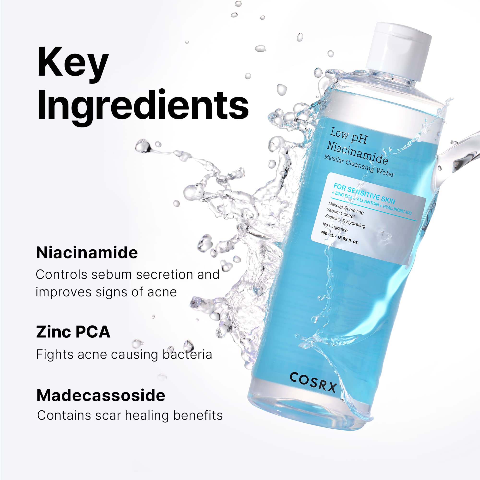 COSRX Low pH Niacinamide Cleansing Water for Sensitive Skin, - COSRX