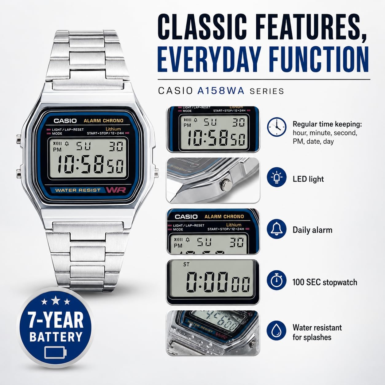 Casio A158WA Series | Unisex Digital Watch | Vintage | WR | 100 SEC St - View 7