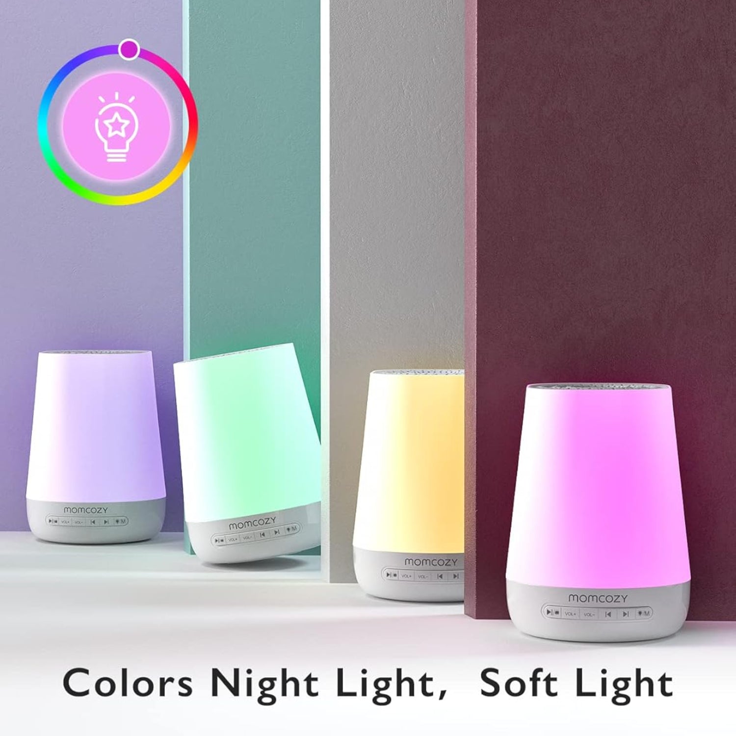 Four colorful night lights on a white surface with a gradient background.