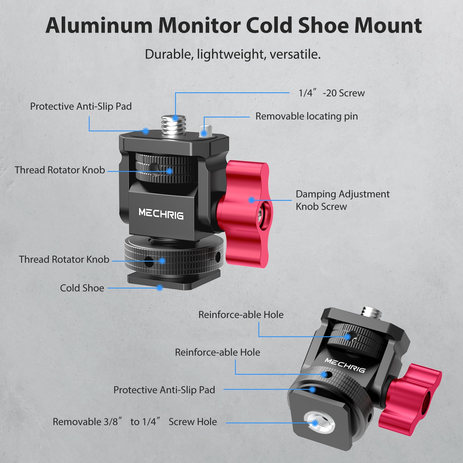 Mechrig mini camera monitor mount with cold shoe, aluminum bracket, 1/4″ screw, 360° swivel, 180° tilt, for LED lights and mic cages