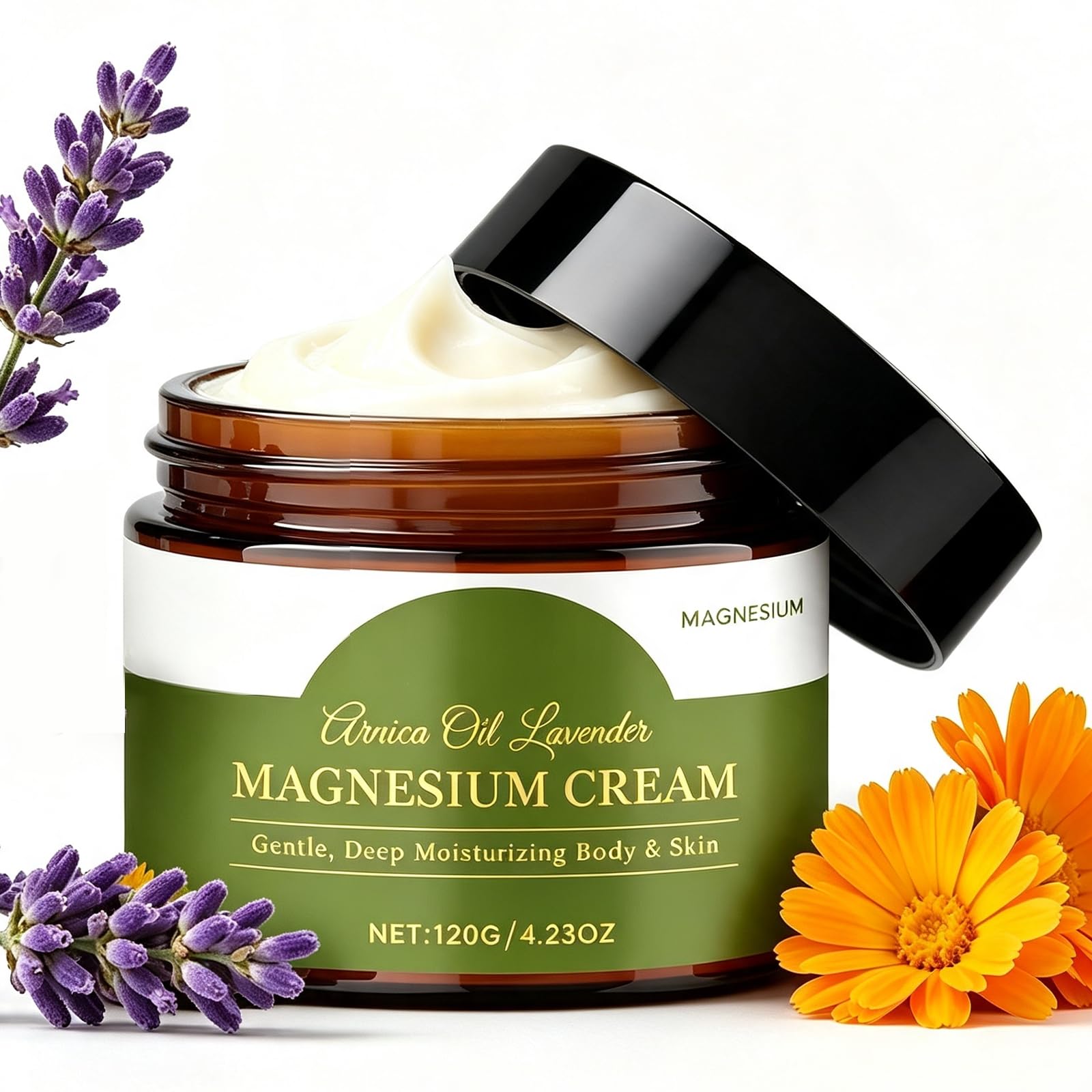CleJoy Magnesium Cream with MSM and arnica, 4.23oz skin moisturizer, showing the cream jar and natural ingredients.