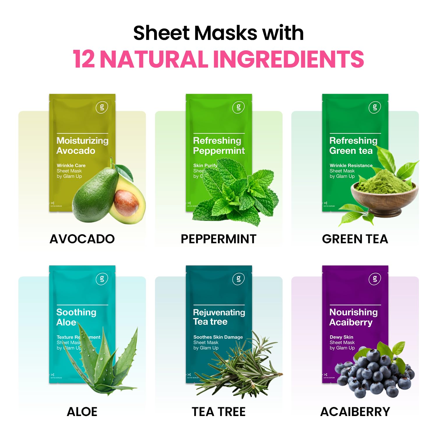 GLAM UP Korean Facial Sheet Mask 12 Pack – Hydrating Glass Skin - GLAM UP