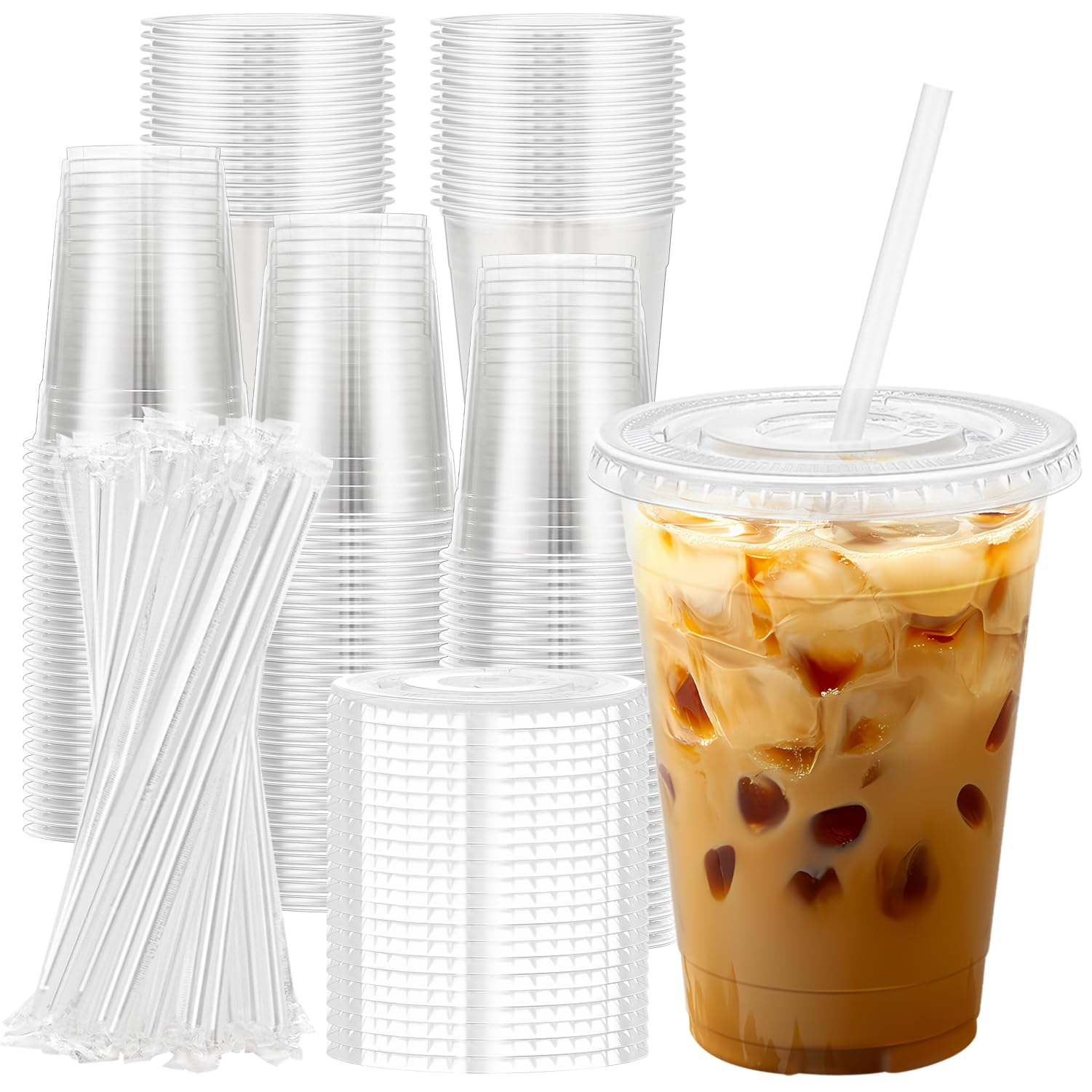 Lamosi 100 Pack 16 oz Clear Plastic Cups with Lids and Straws - Product Imagery