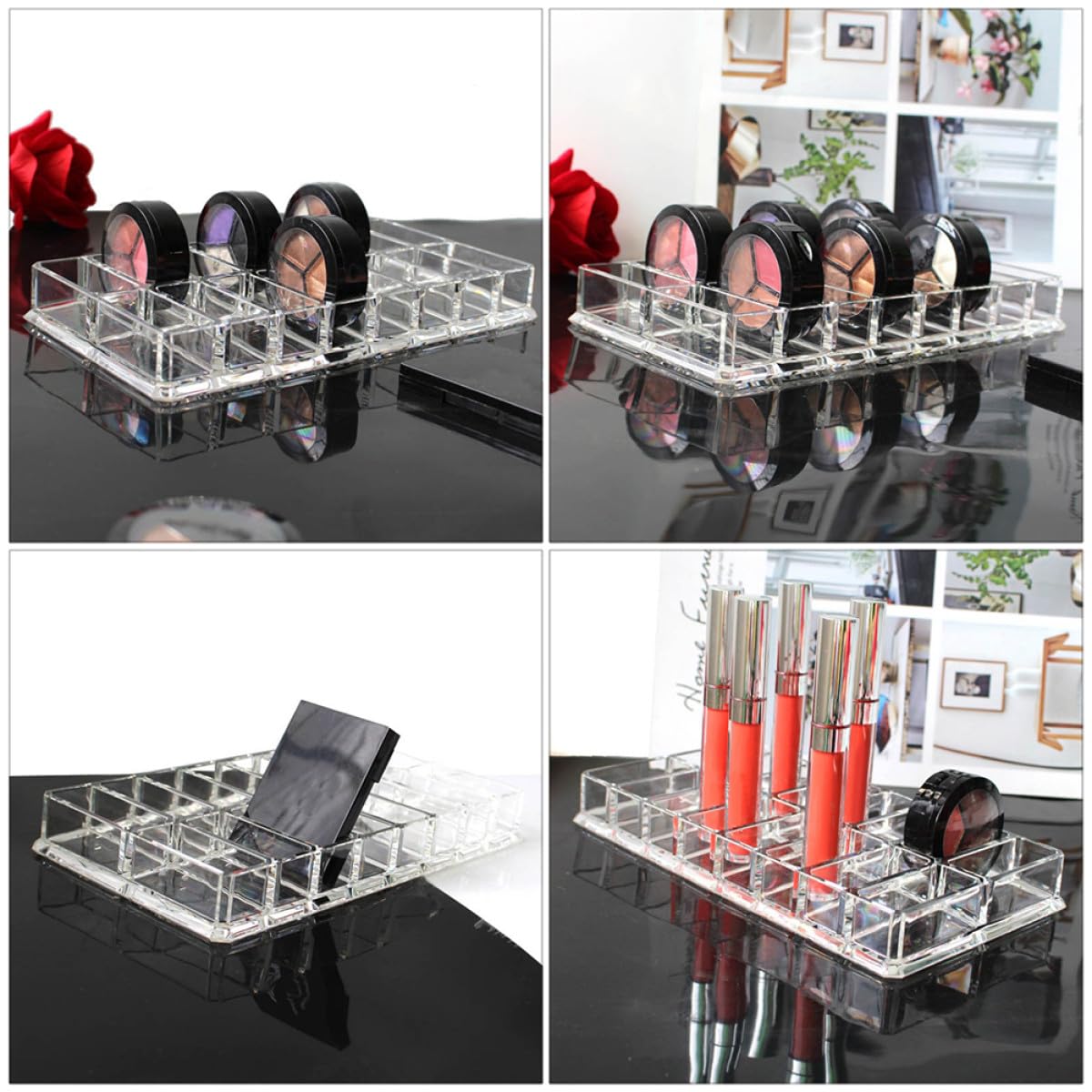 TEHAUX Acrylic Makeup Display Case 16-grid Double-row Compact Powder Organizer Cosmetic Storage Box for Beauty Care and Vanity Table