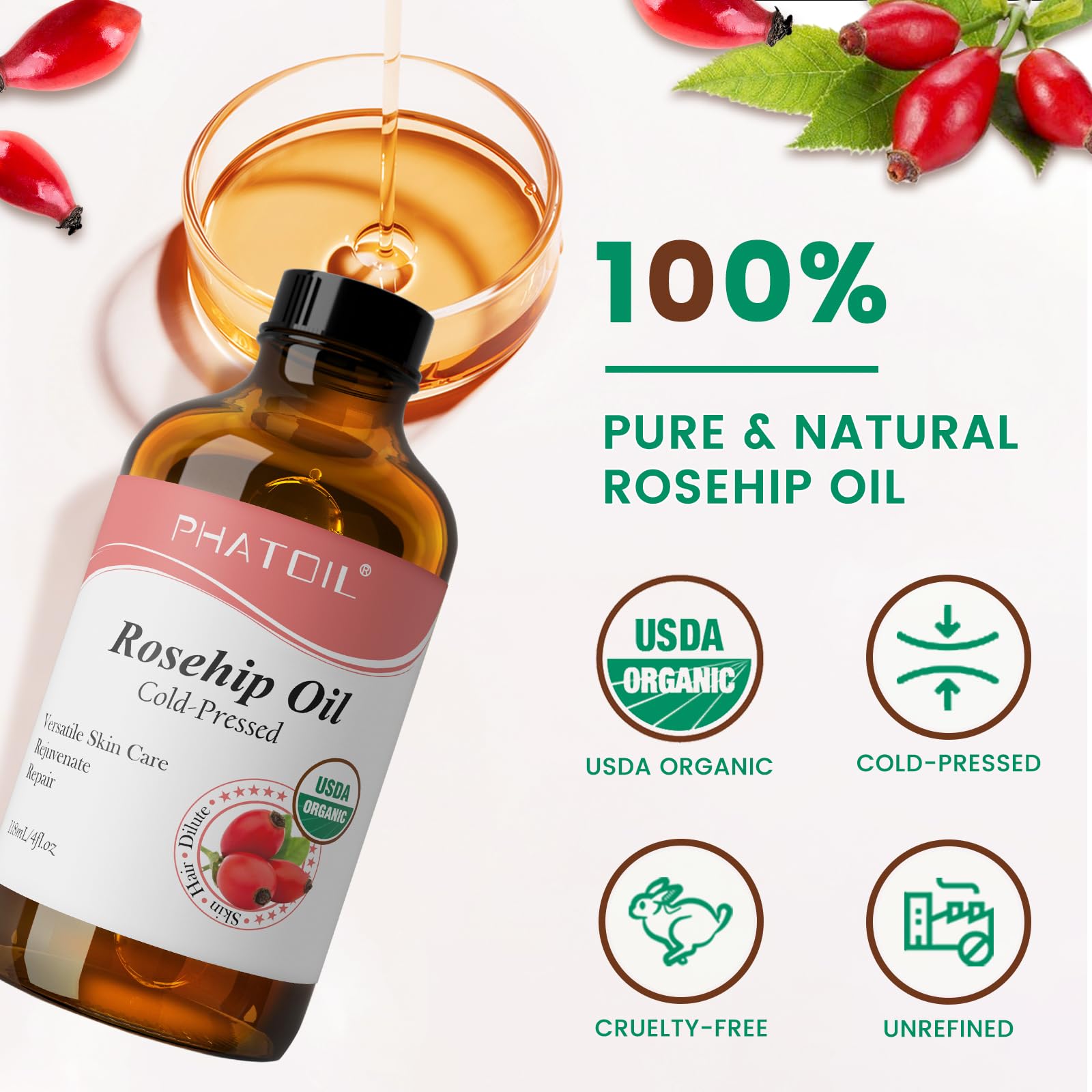 PHATOIL Organic Rosehip Oil for Face - & USDA Certified Organic Pure and Natu - PHATOIL Official Product View 3