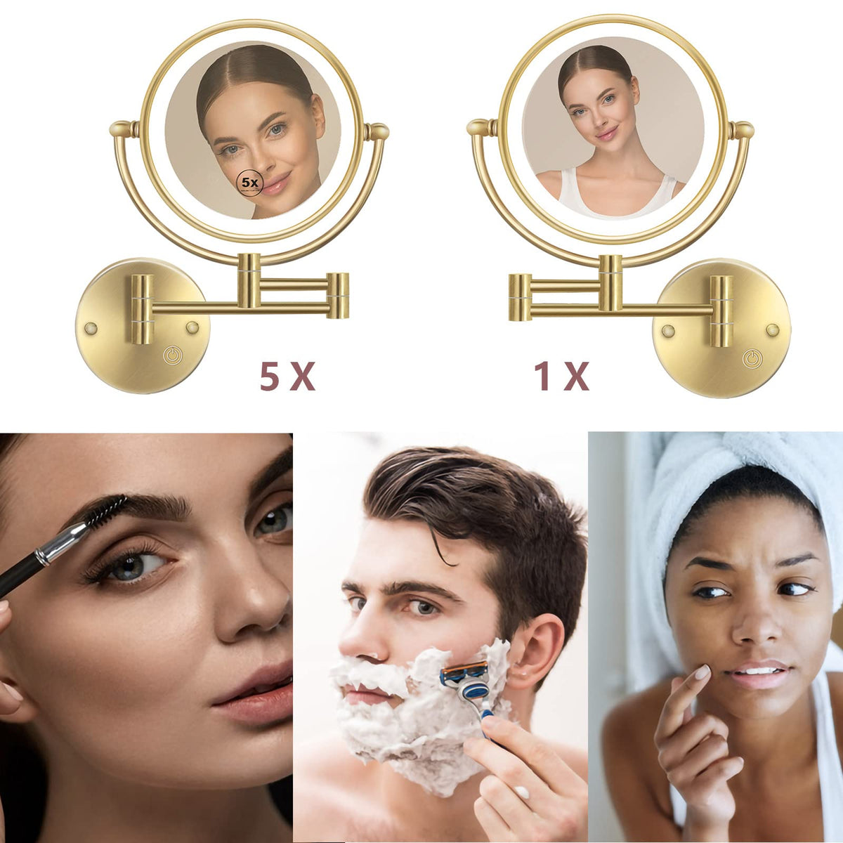 Lighted Makeup Mirror Wall Mounted Gold Double Sided 1 5X - RECKODOR Official Imagery - 5