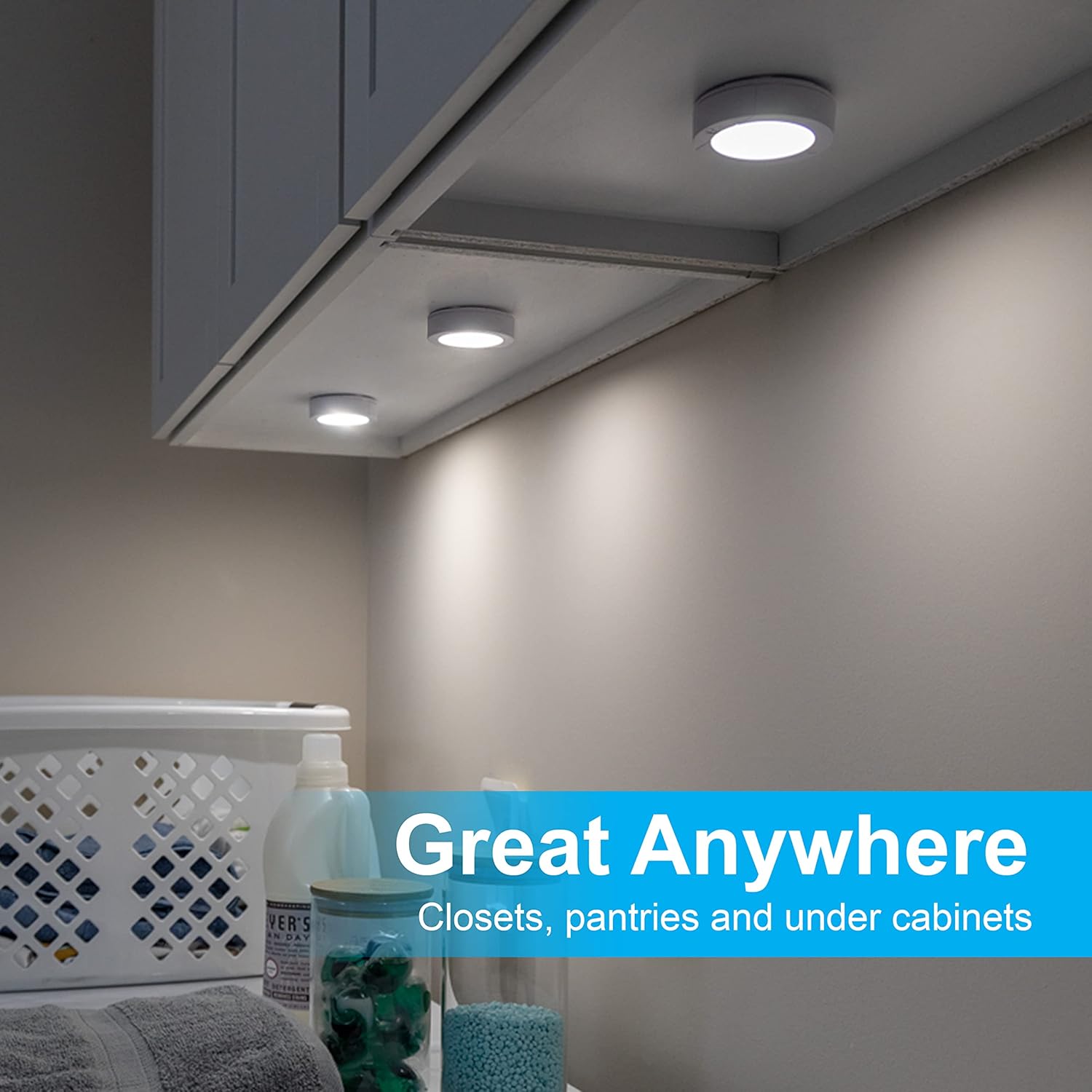 GE wireless LED tap lights, battery-operated touch-activated puck lights, 20 lumens, set of 2 for easy under-cabinet or closet lighting