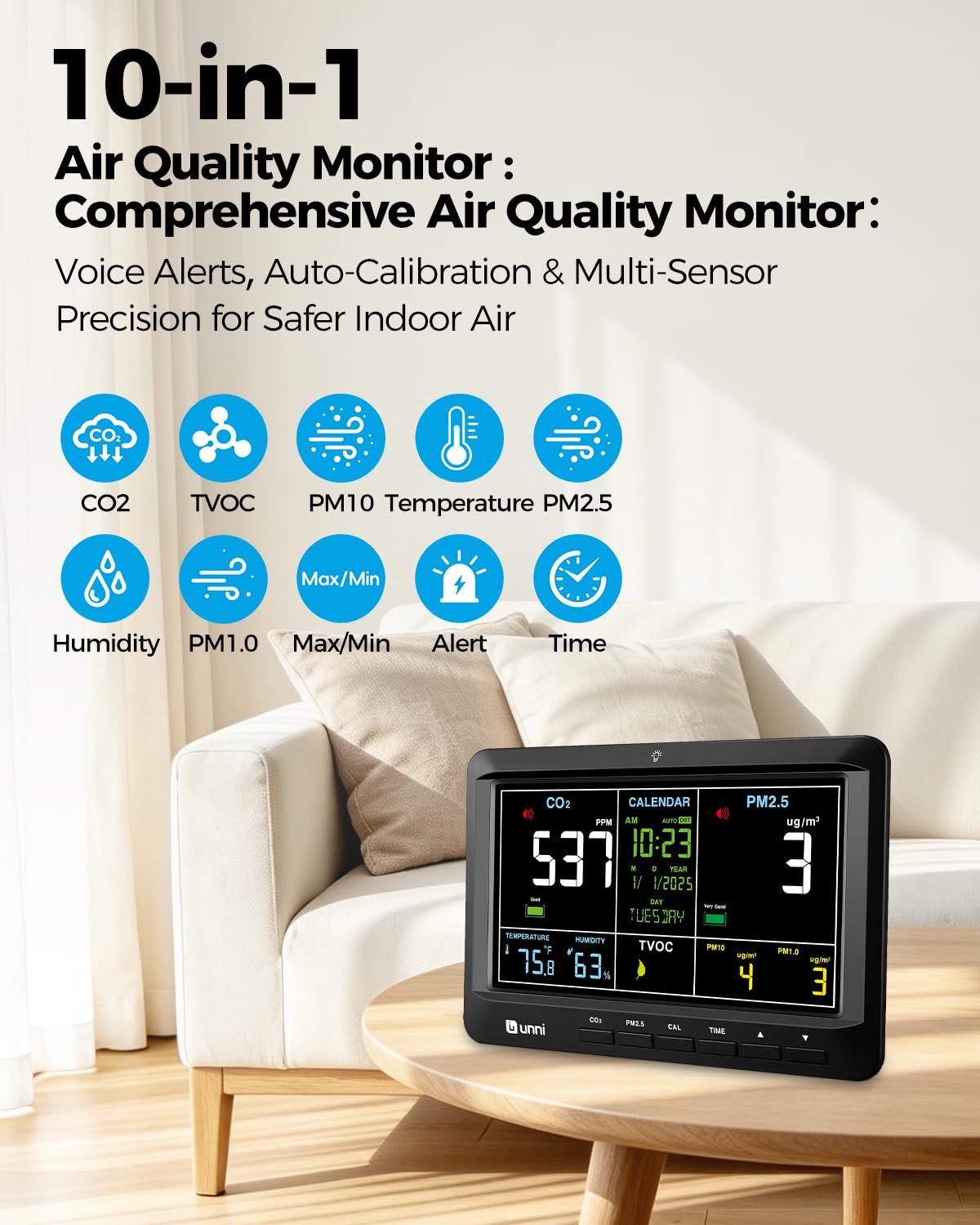 U UNNI Air Quality Monitor 7.5" CO2 PM2.5 TVOC Indoor