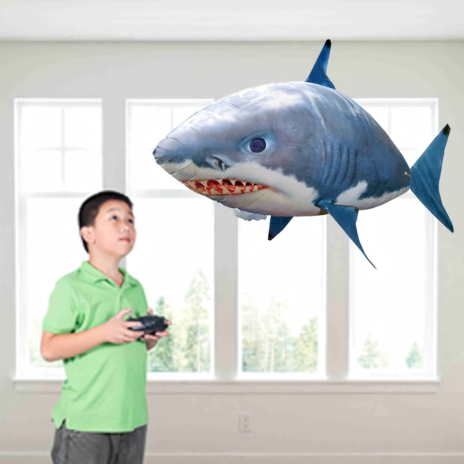 Temu remote-controlled gliding shark inflatable balloon with realistic design and flying capability, shown in mid-air.