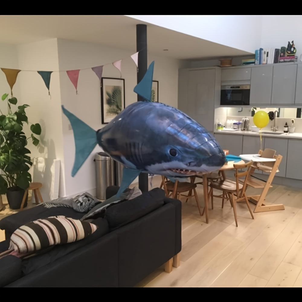Remote-controlled gliding shark inflatable balloon by Temu, featuring realistic shark design with wings for flying and gliding action.