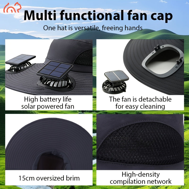 Temu solar-powered dual fan sunshade hat with adjustable straps and USB rechargeable fans, designed for outdoor sun protection.