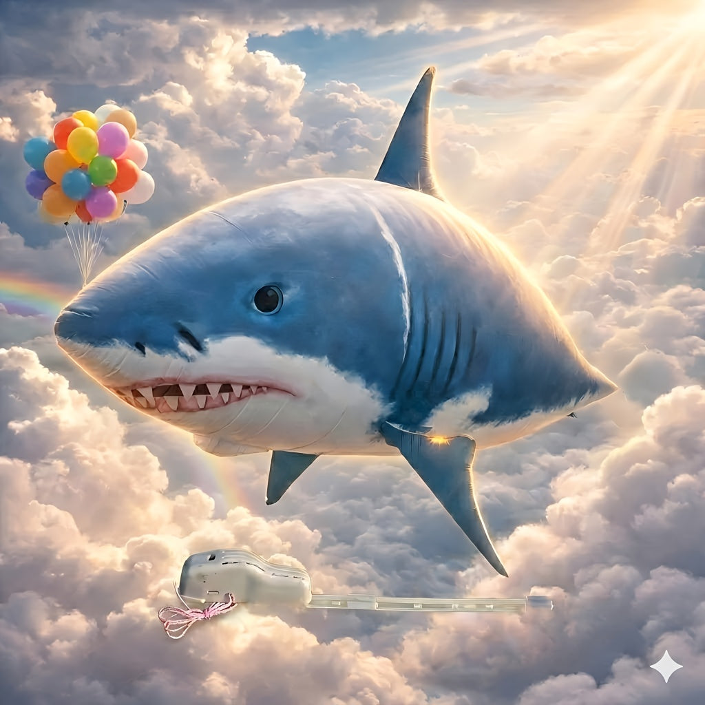 Temu remote-controlled gliding shark inflatable balloon with realistic design and flying capabilities, showcased in the image.