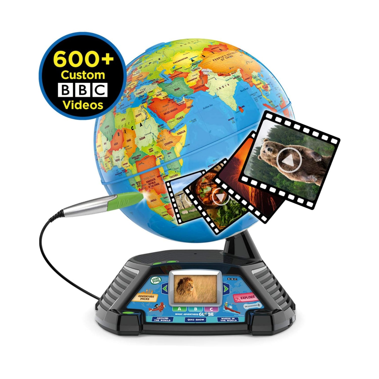 LeapFrog Magic Adventures Globe in frustration-free packaging, showing a colorful interactive world map for kids.