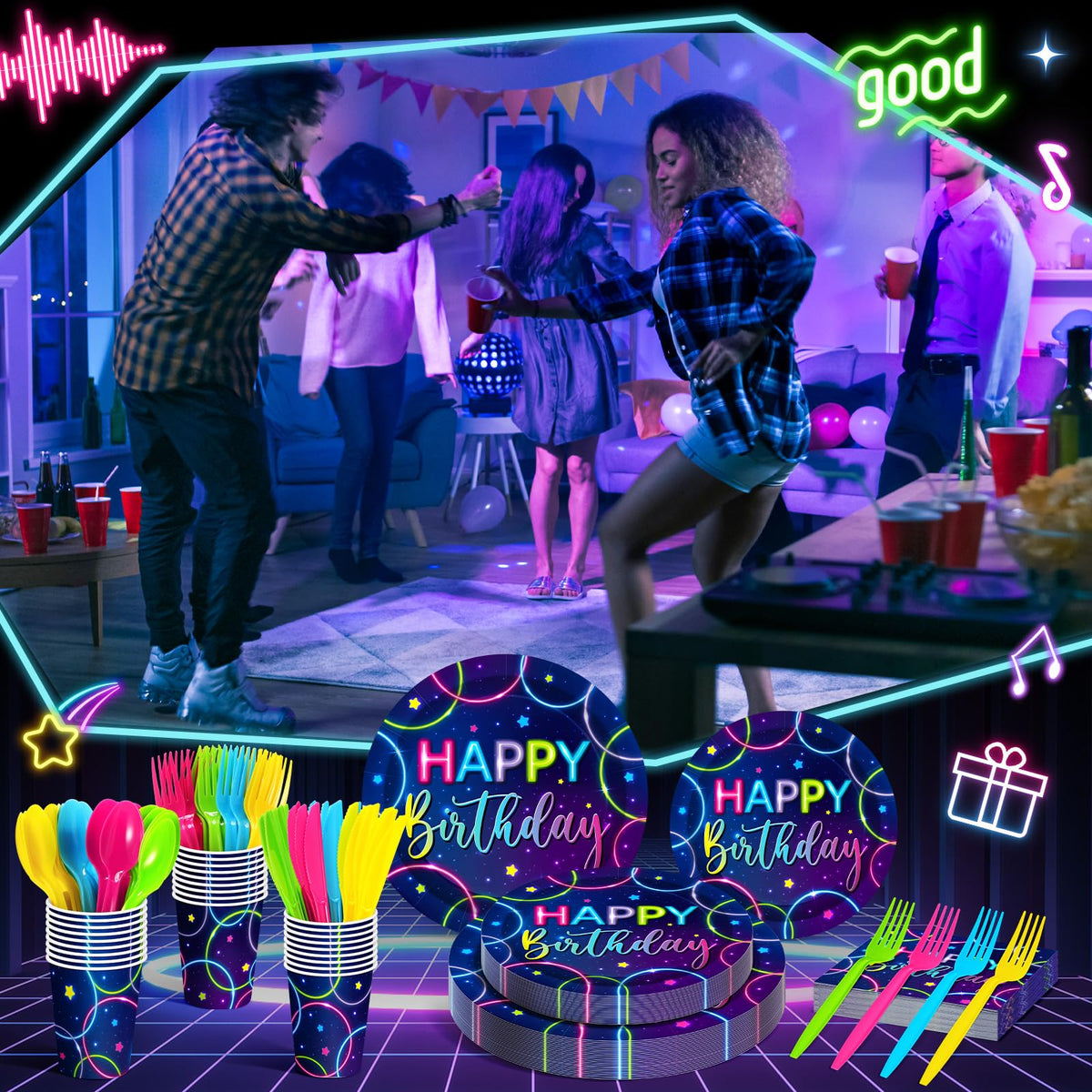Meanplan 168 Pcs Neon Glow Birthday Party Tableware Set for - Meanplan Official Imagery - 5