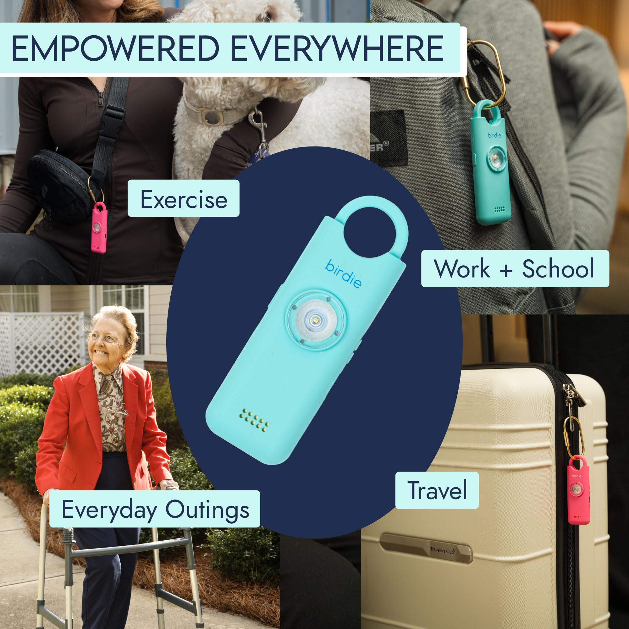She’s Birdie 3.0 personal safety alarm for women, featuring a loud siren and flashlight in aqua blue color.