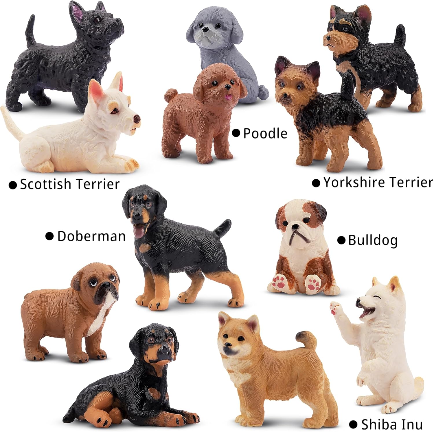 Set of 12 realistic plastic dog figurines by EYSCOTA, hand-painted puppy sculptures with detailed emulational features.
