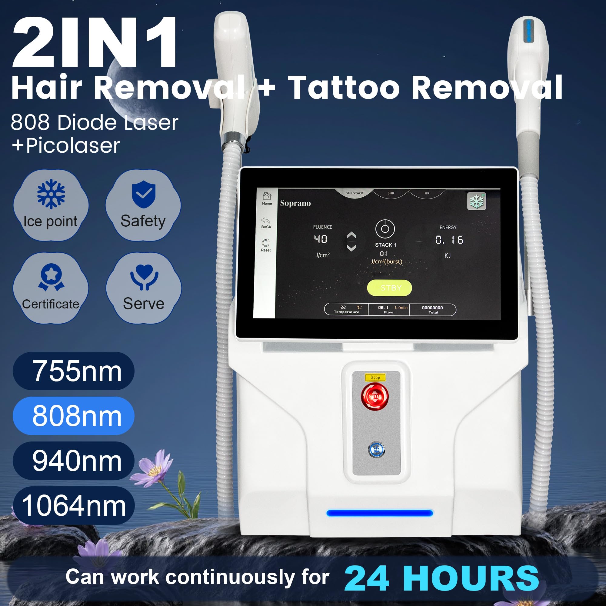 Generic 10-Bar 2-in-1 808nm laser hair removal machine with FAC Tech, showing the sleek device and control panel.