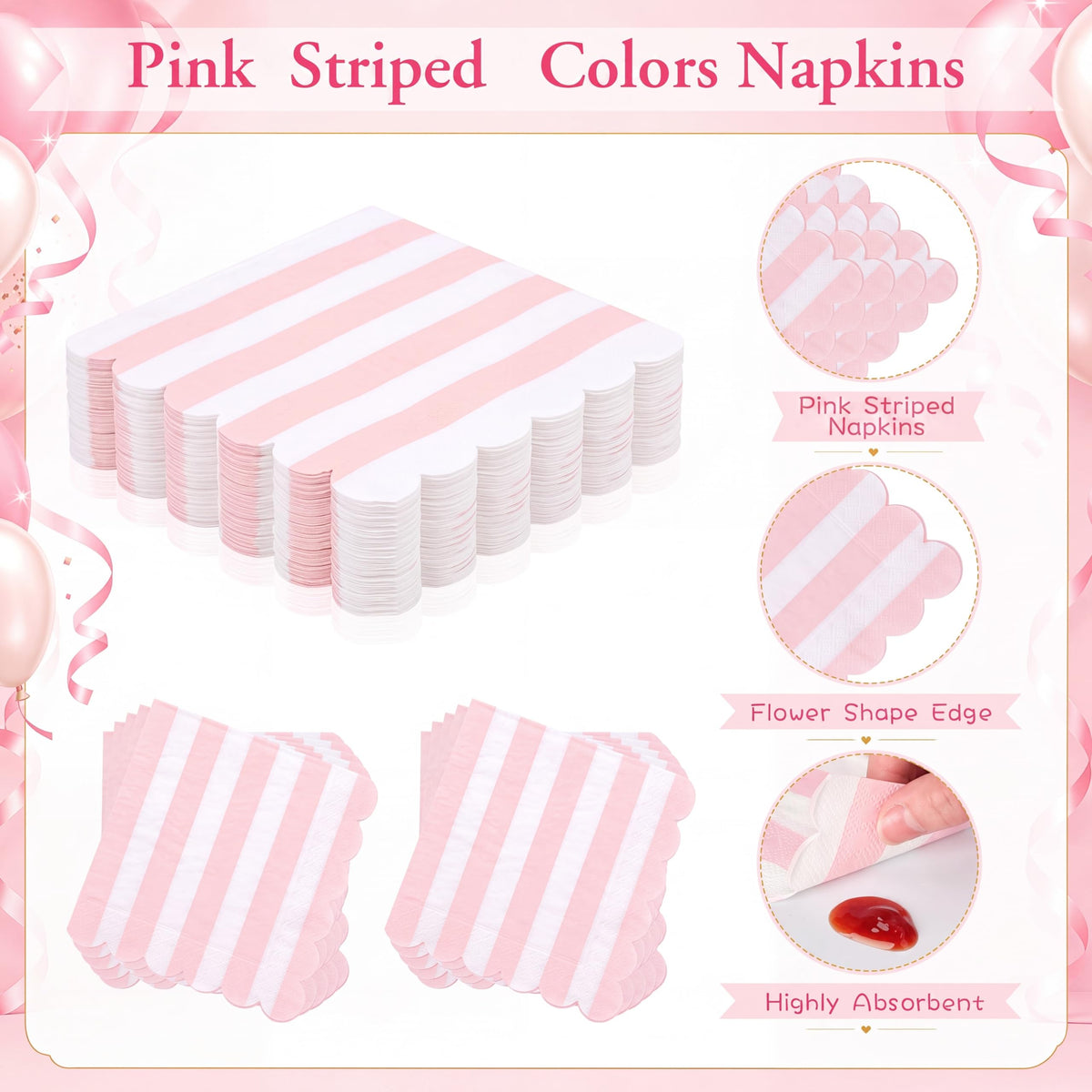 Mimorou 175 Pcs Pink White Striped Party Tableware for 25 - Mimorou Official Imagery - 6